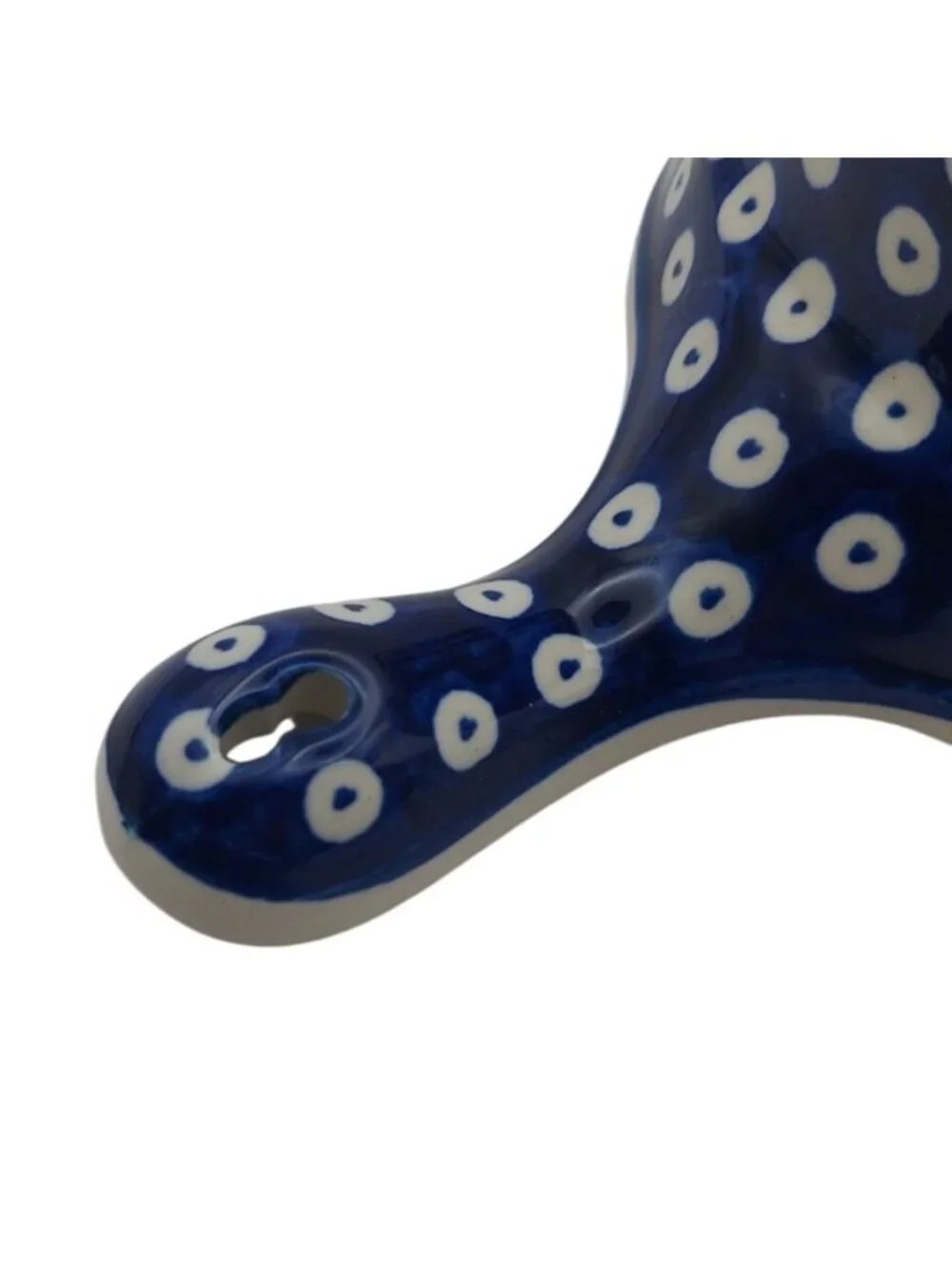 Handmade Bolesławiec Polish Pottery Blue & White Polka Dot Sauce Dish w/ Handle